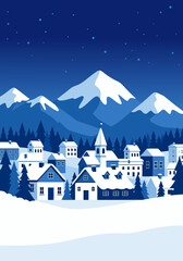 Fototapeta premium Winter Village Landscape with Mountains and Starry Night Sky Illustration