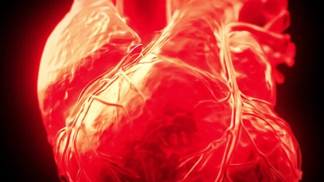 A glowing red heart with visible arteries stands against a dark void, radiant vivid clinical detail