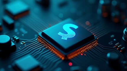 Digital finance concept with a glowing dollar sign on a microchip, symbolizing economic technology, cryptocurrency, and electronic investment on a futuristic circuit board