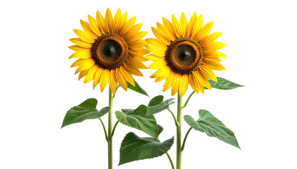 Obraz premium Two bright yellow sunflowers with green leaves stand proudly