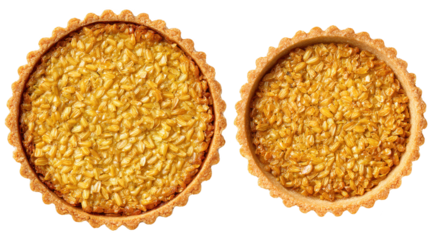 Two distinct pies with various toppings displayed different dessert pies are showcased on surface