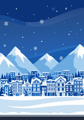 Winter Cityscape Illustration with Mountains and Snowflakes