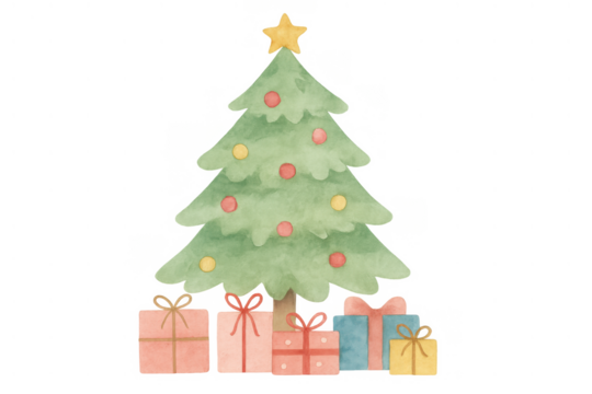 Christmas tree with watercolor gifts, celebrating winter holidays, decorated spruce, festive season presents