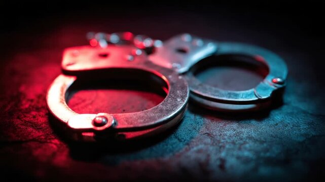 Close-up of metal handcuffs illuminated by red and blue light