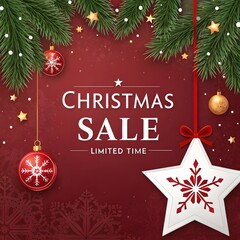 Christmas sale limited time with red background and ornaments decoration