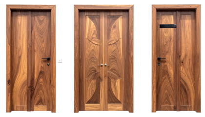 Three wooden doors with different designs, grain visible
