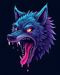 Illustration of a scary wolf head with an open mouth and sharp teeth