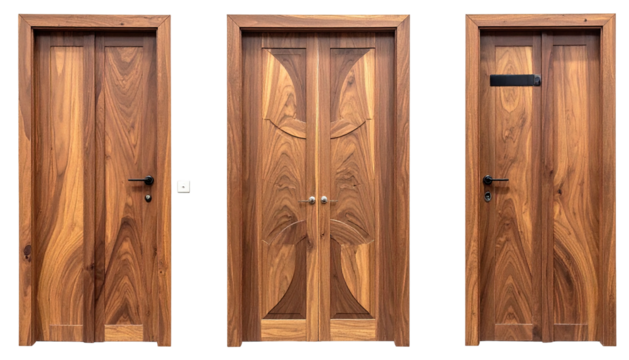 Three wooden doors with different designs, grain visible