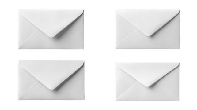 Four envelopes with white paper are displayed on black surface envelopes hold blank white paper against dark background