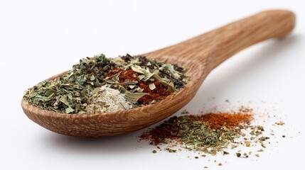 Wooden spoon brimming with vibrant dried herbs and spices creating aromatic culinary magic for delicious recipes