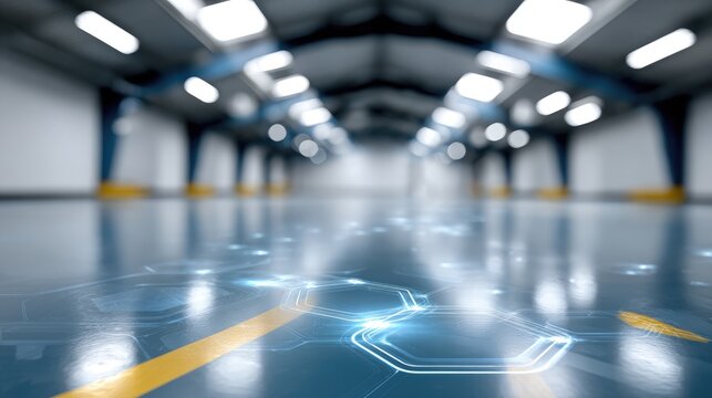 Futuristic Warehouse Interior with Digital Augmented Reality Overlay