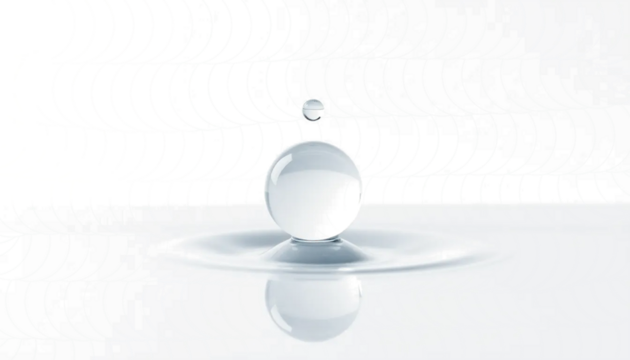 single clear water drop, realistic surface tension, soft reflection, clean lab aesthetic, isolated transparent background.
