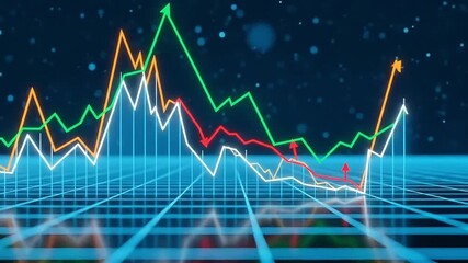 Dynamic financial market graphs show upward and downward trends with digital grid overlay - Powered by Adobe
