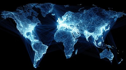 Global network connections illuminate world map with vibrant blue digital pathways, showcasing interconnectedness and modern communication.