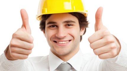 Worker displays thumbs up wearing hard hat individual conveys approval dressed in protective headgear