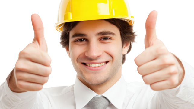 Worker displays thumbs up wearing hard hat individual conveys approval dressed in protective headgear