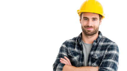 Construction worker with yellow hard hat and plaid shirt individual in protective headwear and casual checkered attire