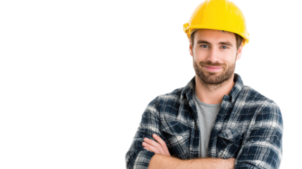 Construction worker with yellow hard hat and plaid shirt individual in protective headwear and casual checkered attire