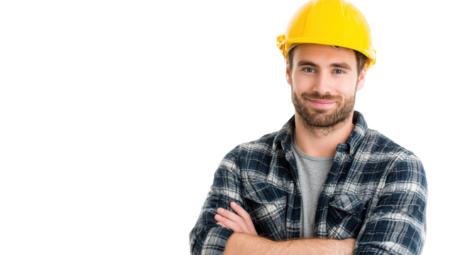 Construction worker with yellow hard hat and plaid shirt individual in protective headwear and casual checkered attire - Powered by Adobe