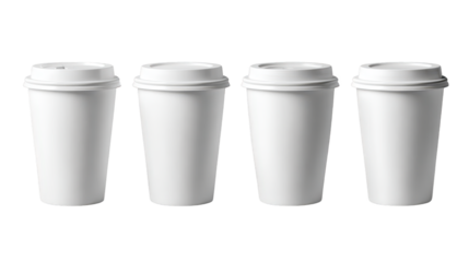 Four white coffee cups with lids are displayed white coffee cups with secure lids stand together