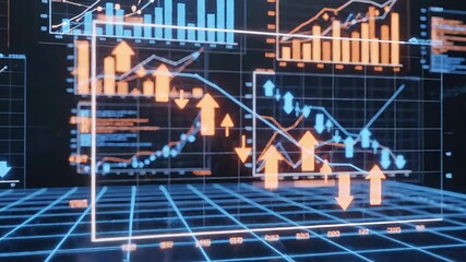 Dynamic financial charts displaying market trends and investment growth with upward and downward arrows. - Powered by Adobe