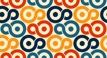 Naklejka premium Seamless geometric pattern with stylized circular shapes ideal for textiles, wallpaper, or backgrounds. Vector illustration.