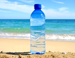 Clear water bottle on sandy beach with blue ocean and sky