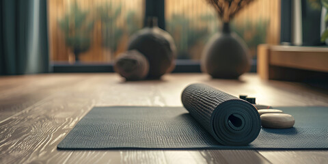  Yoga Mat and Accessories for Fitness and Meditation, Yoga Equipment Flat Lay for Healthy Lifestyle, Minimalist Wellness Setup with Yoga Mat and Props