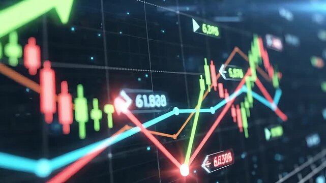 Dynamic stock market graph showing fluctuating prices and trends with glowing data points.