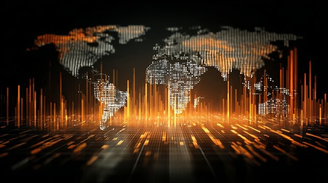 Dynamic digital world map with glowing data streams and futuristic cityscape in vibrant orange and white