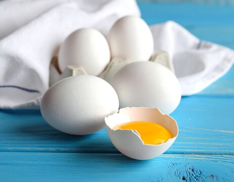 Close-up of four whole eggs and one cracked egg with yolk exposed - Powered by Adobe