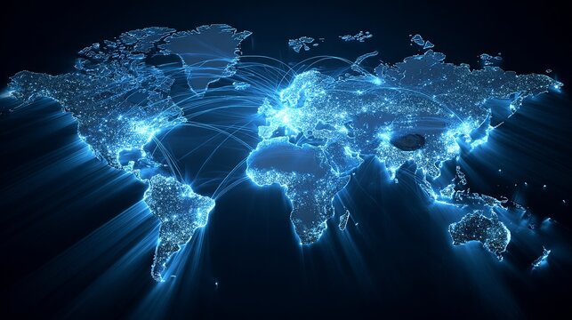 Global network connections illuminate the world map with vibrant blue light trails, symbolizing communication and data flow across continents.