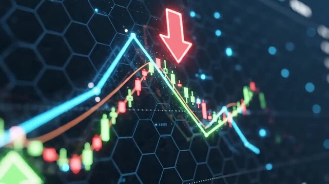 Financial market graph shows a sharp downturn with a downward arrow indicating loss