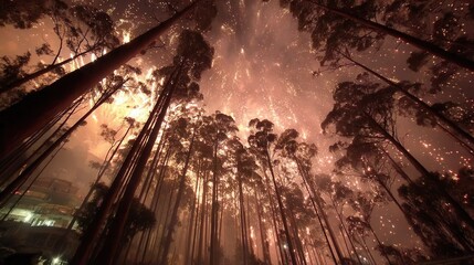 Obraz premium Majestic trees under a dramatic, colorful sky.