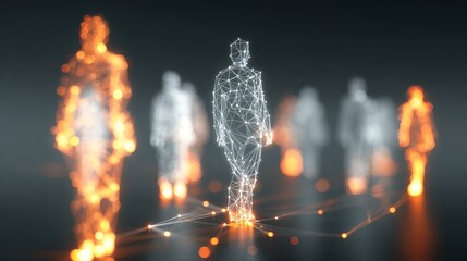 Dynamic network of abstract human figures connected by glowing lines representing digital connections and innovation