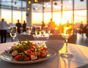 Elegant dinner table with salad, wine, & city sunset view