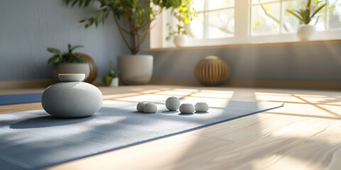  Yoga Mat and Accessories for Fitness and Meditation, Yoga Equipment Flat Lay for Healthy Lifestyle, Minimalist Wellness Setup with Yoga Mat and Props