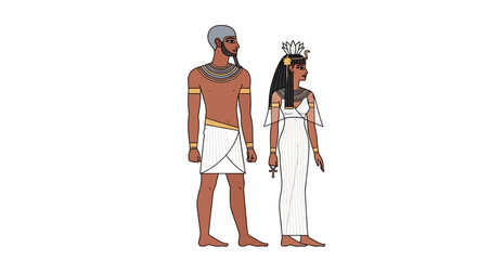Ancient Egyptian couple standing Man is barechested woman in white dress