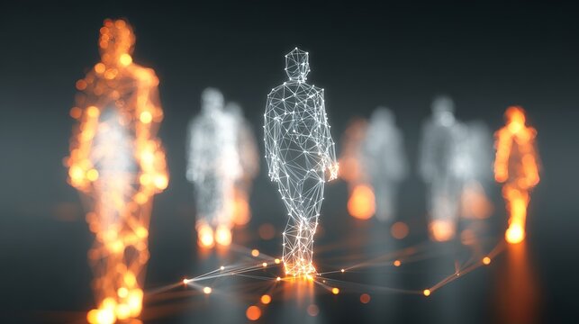 Dynamic network of abstract human figures connected by glowing lines representing digital connections and innovation