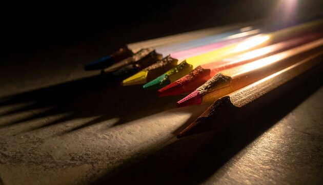 Close-up of seven colorful pencils arranged in a semi-circle - Powered by Adobe