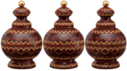 Three decorative vases display intricate patterns artistic vessels feature unique surface embellishments