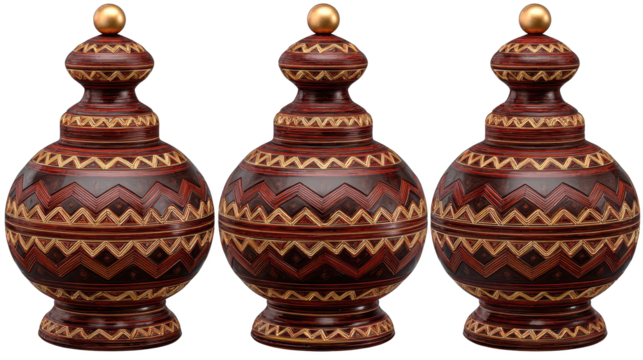 Three decorative vases display intricate patterns artistic vessels feature unique surface embellishments