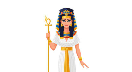 Egyptian queen in traditional garb holding ankh symbol