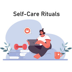 Man Practicing Self Care Rituals With Dumbbell Books And Laptop Featuring A Smiling Face Icon And A Coffee Cup In A Light Purple And Blue Abstract Background.