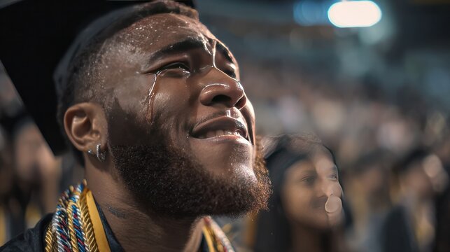 Tears of Triumph: A graduate's face etched with emotion, streams of tears of happiness marking a momentous achievement. The scene exudes pride and emotion of graduation