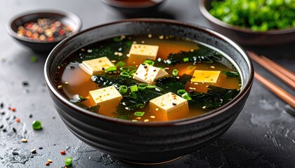 A Bowl of Savory Miso Soup with Tofu and Seaweed Garnished with Chopped Green Onions and Sesame Seeds in a Dark Bowl with Chopsticks