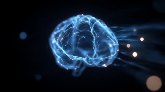 Blue glowing neural mesh resembling a brain, suspended in darkness, with bright nodes and lines. glow