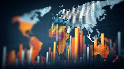 Dynamic global finance data visualization with glowing world map and rising bar charts representing growth and success
