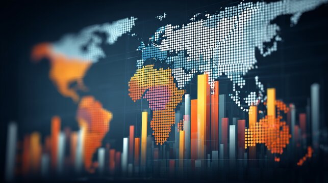 Dynamic global finance data visualization with glowing world map and rising bar charts representing growth and success