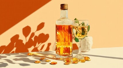 Beverage bottle and glass on a stylish table setting